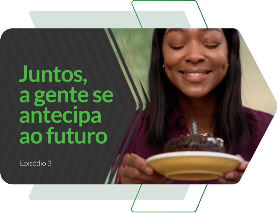 Capa de vídeo explicativo da Horiens, com uma mulher sorrindo em frente a um bolo de aniversário e a frase "Juntos, a gente antecipa o futuro".